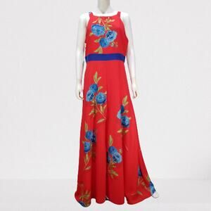 Foxiedox Women's Red Full Length Floral Cinched Waist Halter Dress, Size: Large